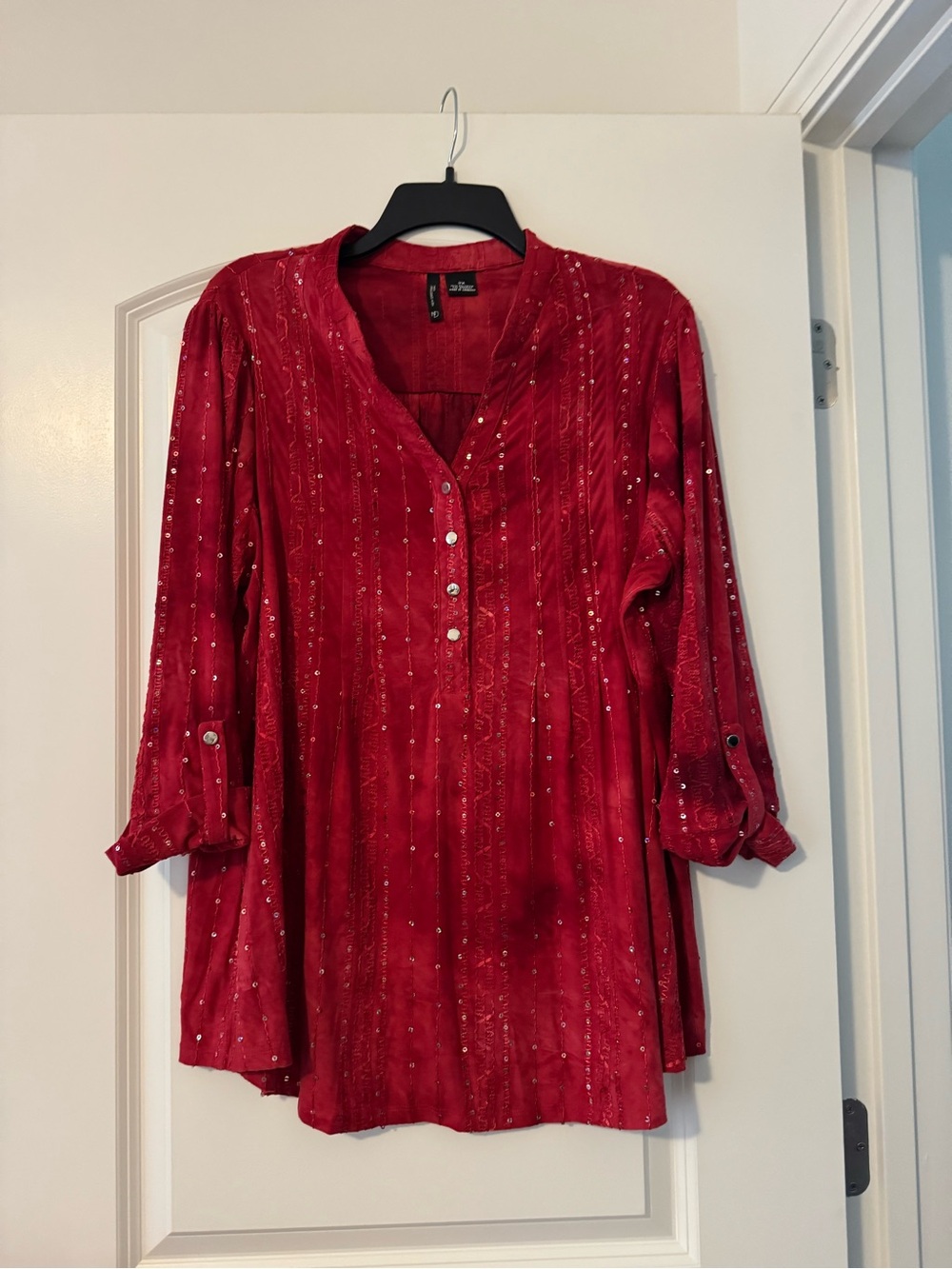 new directions Red Sequin-Trim V-Neck Tunic